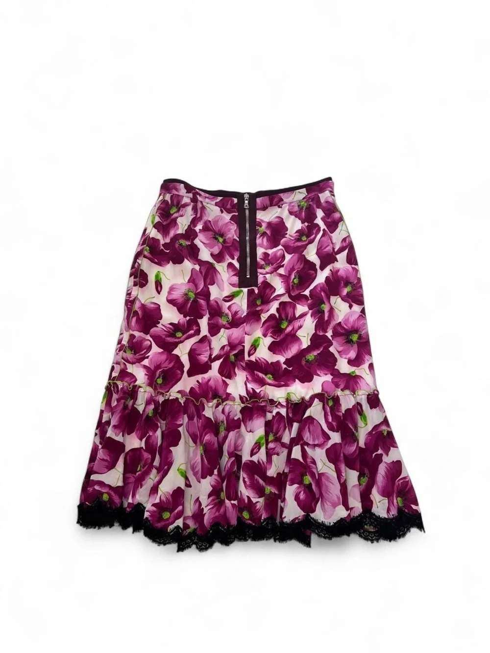 Dolce & Gabbana Pink & Purple Floral A-Line Midi Skirt with Black Lace - Picture 3 of 4